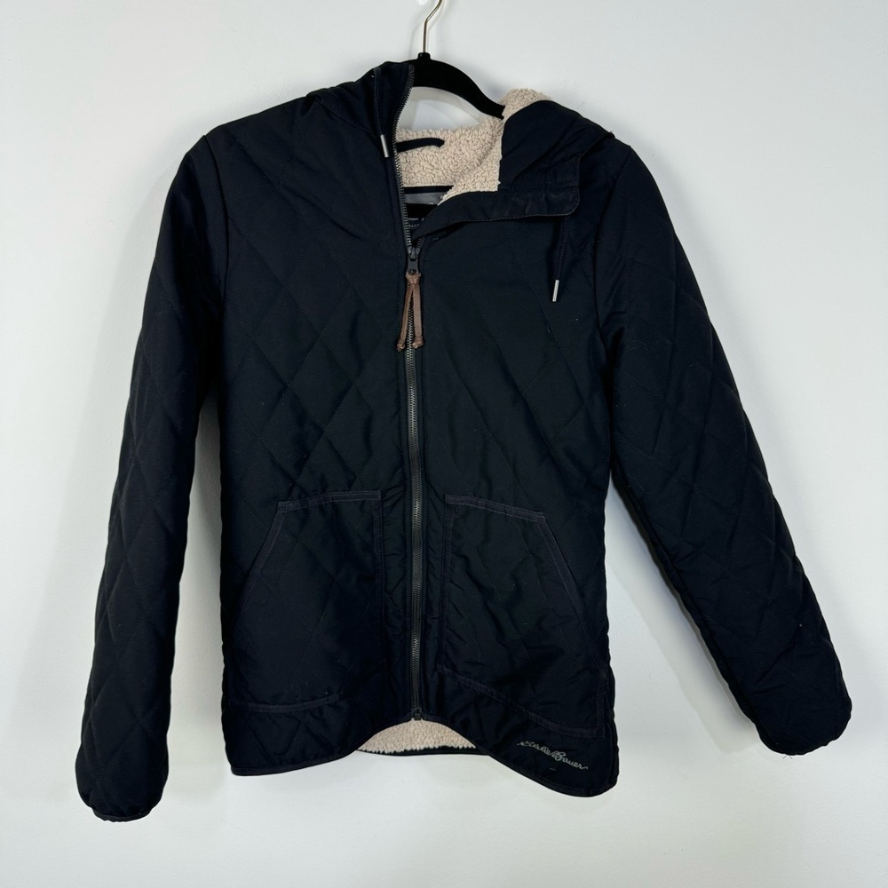Eddie Bauer Quilted Sherpa Lined Full Zip Up Winter Jacket Black Winter Warm